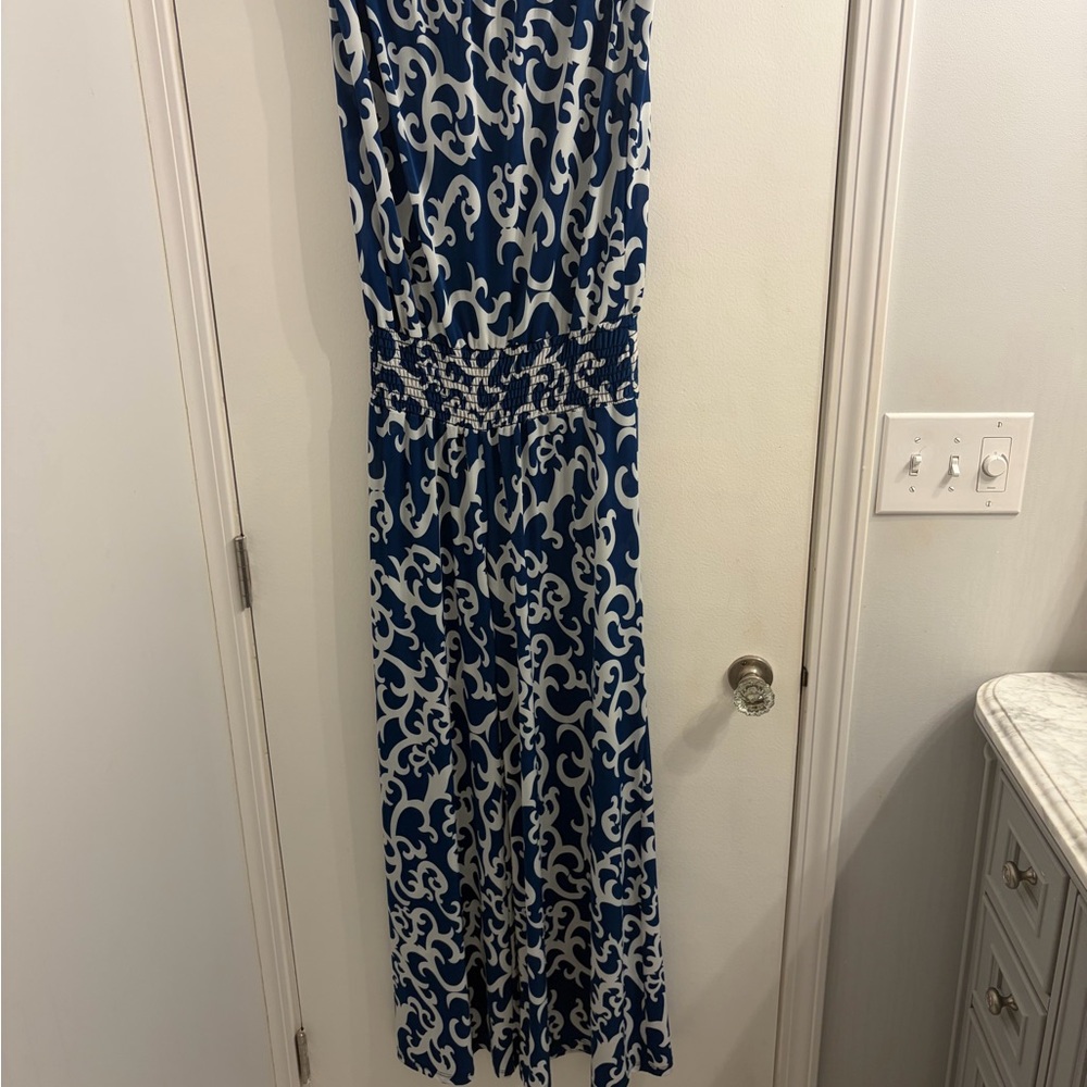 Blue and White Smocked-Waist Patterned Sleeveless Jumpsuit